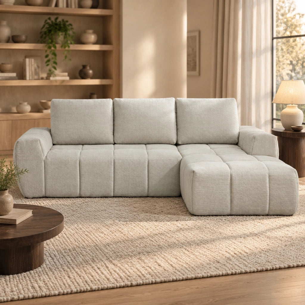 Divano angolare in velluto a coste beige con design segmentato per soggiorno appartamento e ufficio