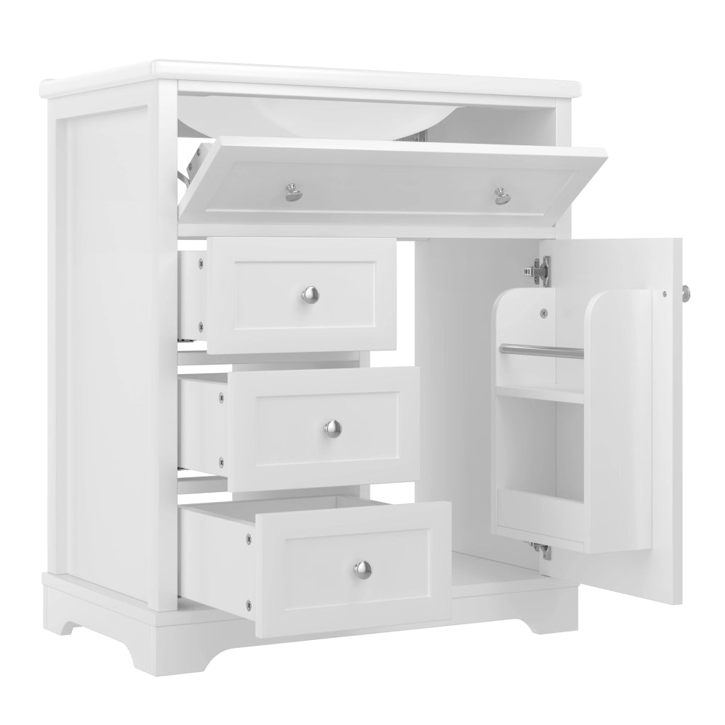 Mobile sottolavabo con lavabo in ceramica, 1 anta e 4 cassetti, finitura laccata, per bagno, bianco, 76 × 46 × 87 cm
