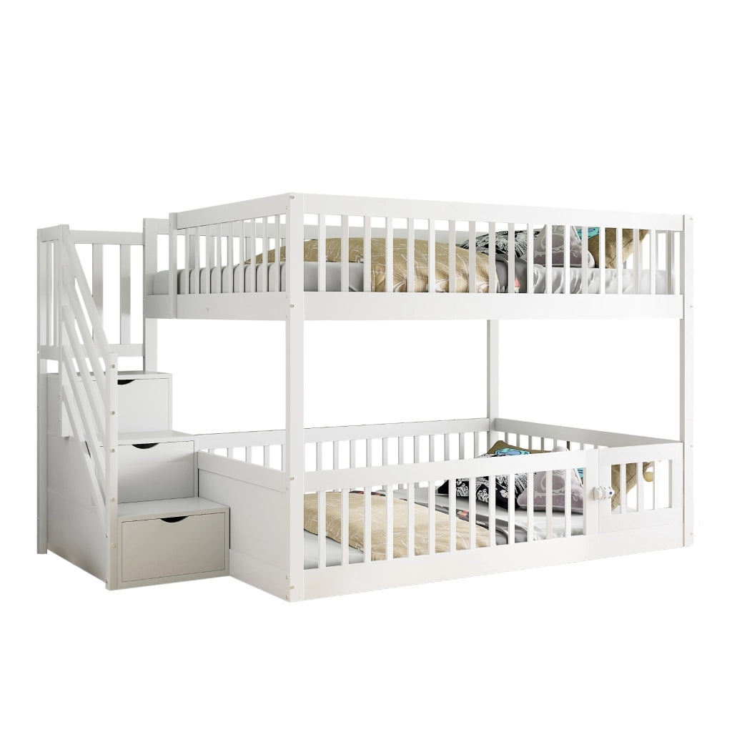 Letto a Castello 140x200 cm; Scale con Cassetti e Porta Apribile; in Legno; Bianco