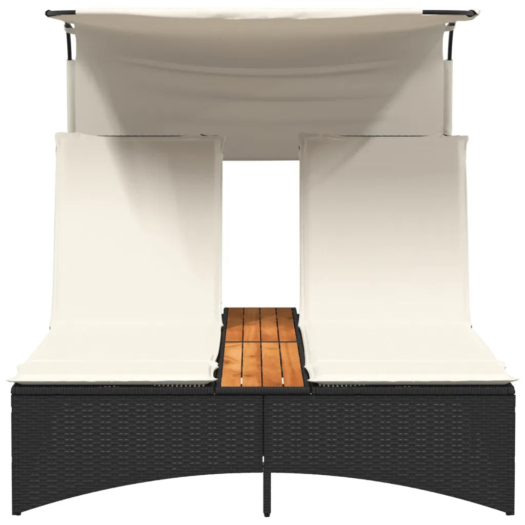 Lettino Prendisole | Sdraio da giardino | Lettino da sole Doppio Baldacchino e Cuscini Nero Polyrattan