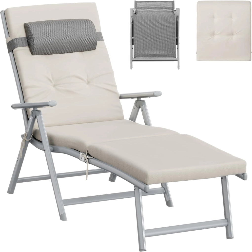 SONGMICS Lettino Prendisole, Pieghevole, Sedia a Sdraio con Materassino da 6 cm, Poggiatesta Rimovibile, Traspirante, Schienale Regolabile, Portata Fino a 150 kg, Beige Sabbia GCB024WZ02