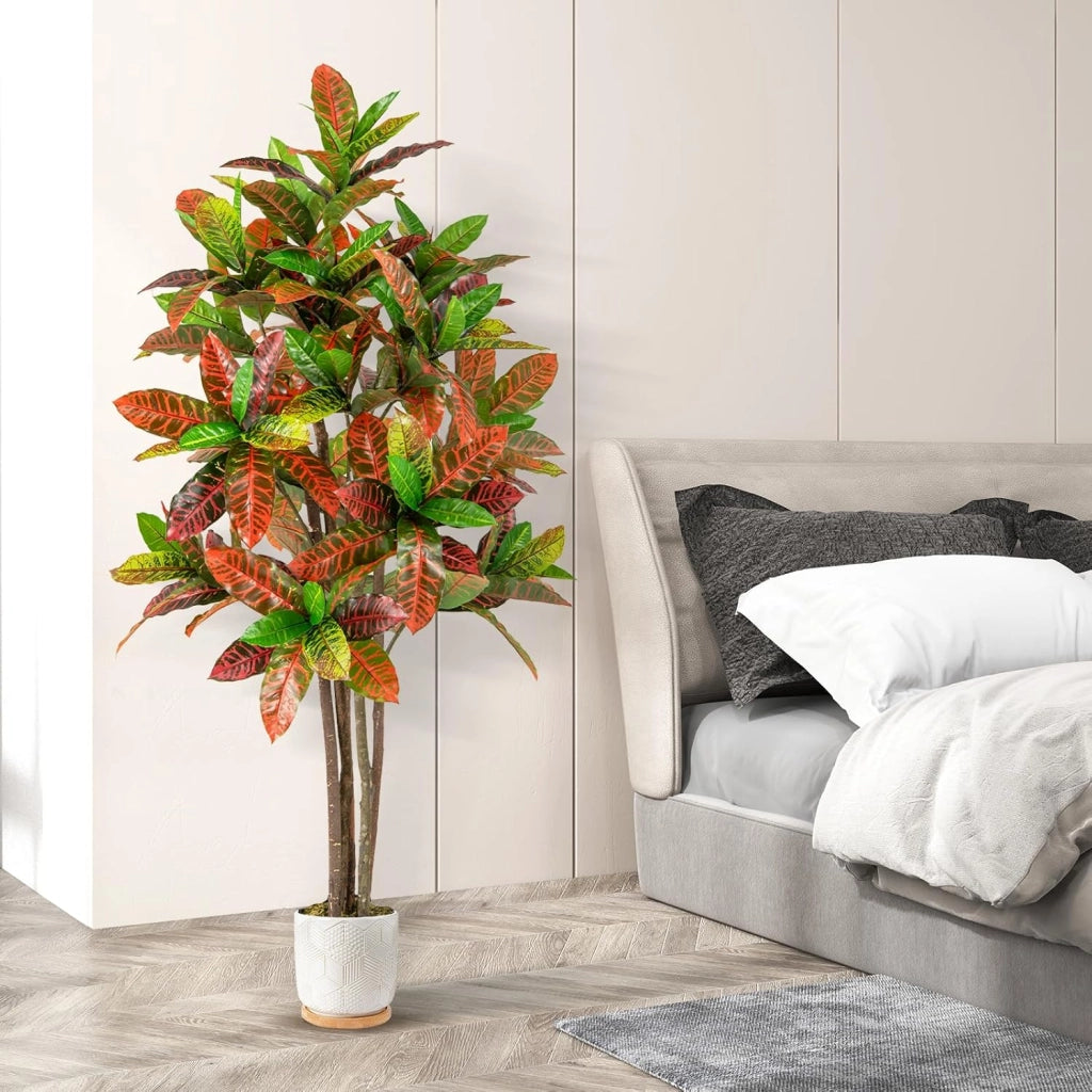 Pianta artificiale Crotone 150 cm, albero in vaso con foglie multicolori in PEVA, tronco in legno massello, muschio realistico, albero crotone finto per soggiorno, ufficio, matrimonio, festa