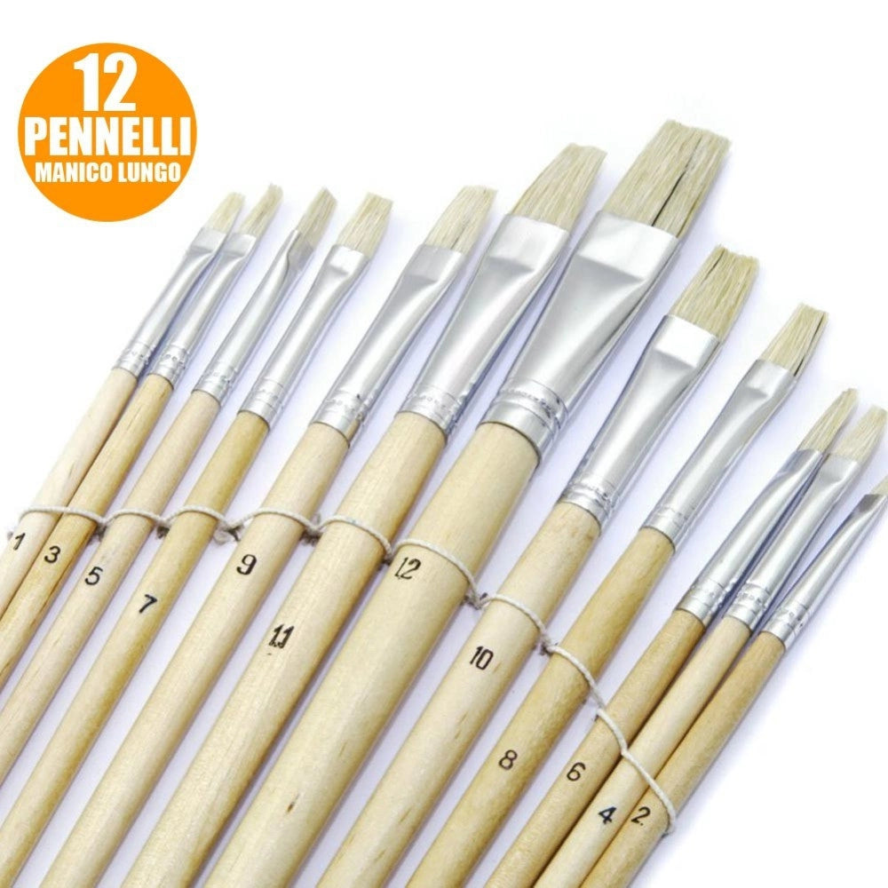 Trade Shop - Set 12 Pennelli Piatti Manico Legno Lungo Spessore 1-12mm Hobby Pittura -