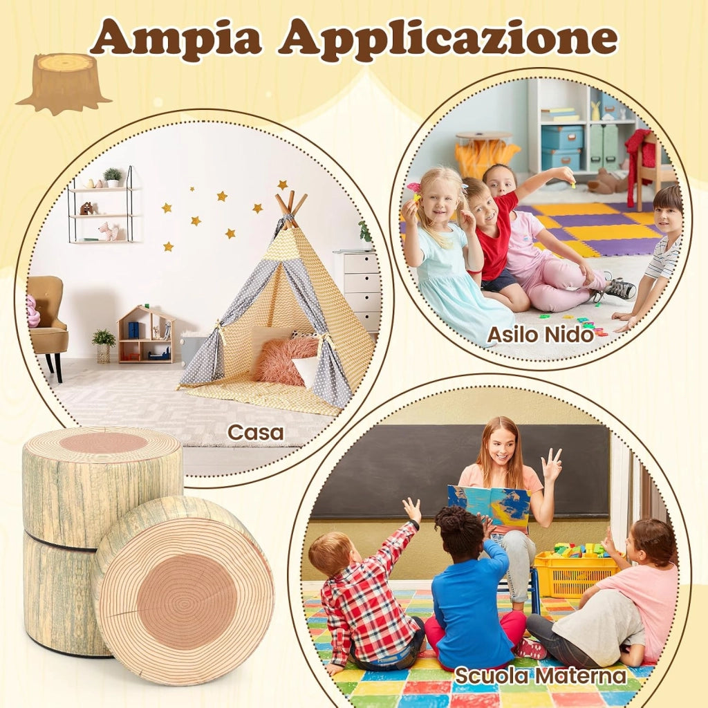 Set di 3 Sgabelli a Ceppo d'Albero, Cuscini da Pavimento per Bambini con Stampa Legno, Decorazione Naturale e Altezze Diverse, Sgabelli Rotondi per Aula, Casa e Asilo (Naturale)