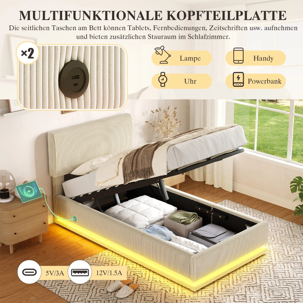 Letto imbottito con LED USB regolabile 90x200 cm velluto a coste beige