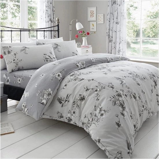 Set da letto BIRDIE BLOSSOM - Copriletto e cuscini - Grigio - Singolo (135 x 200cm) con copriletto in poliestere-cotone 160x200