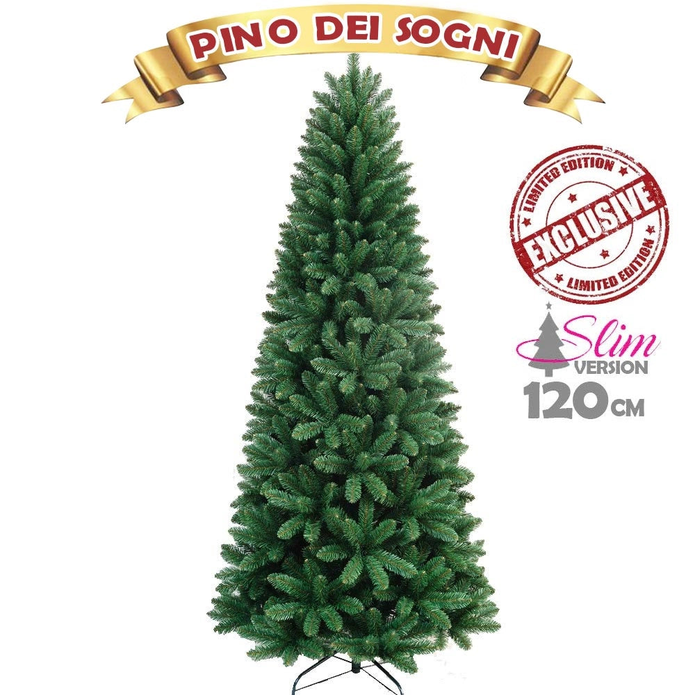 Albero Di Natale SLIM Pino Dei Sogni Verde Altezza 120 cm Base a Croce 295 Rami