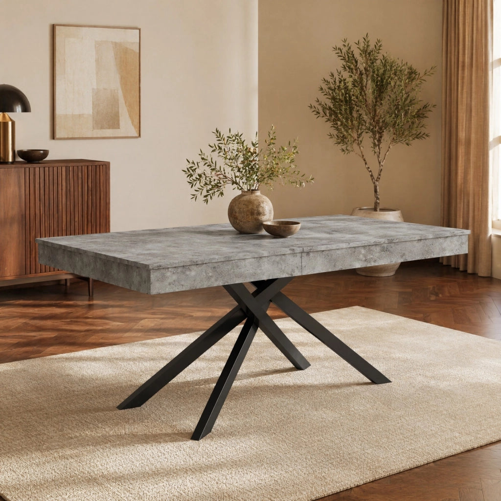 Tavolo allungabile rettangolare in MDF grigio per 6-8 persone con piano spesso e gambe incrociate 180 × 80 × 76 cm
