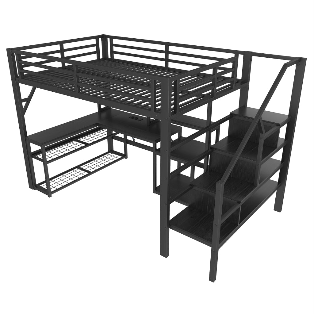 Letto a castello nero in metallo con funzione scrivania e illuminazione LED 140x200 cm