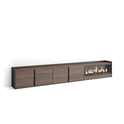 Mobile TV Soggiorno, 315x50x35 cm, Per TV fino a 80", Camino elettrico XXL, Rovere scuro e Nero