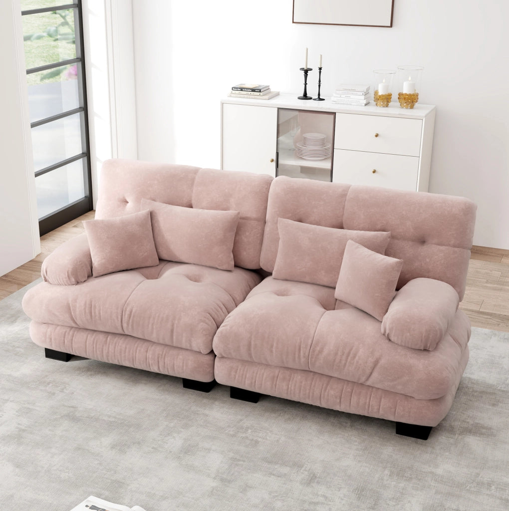 Divano angolare 220x77x81 cm con seduta cloud; cuscini lombari; chenille; rosa