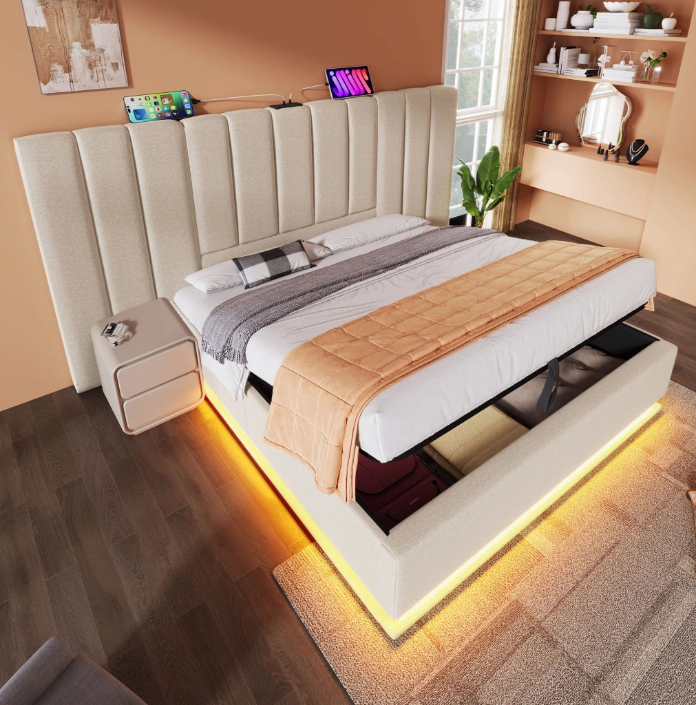 Letto matrimoniale 180x200 con LED, USB-C e vano contenitore