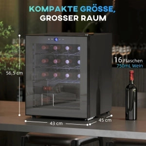 Cantinetta vino da 16 bottiglie con controllo temperatura 5-18 °C, porta in vetro, LED, nero, 54 × 55 × 62 cm