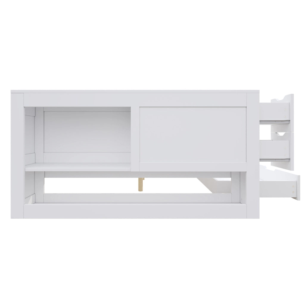 Letto multifunzione 140x200 cm con contenitore; cassetto e comodino estraibile; bianco in MDF