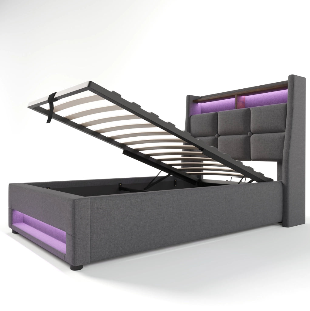 Letto singolo imbottito 90x200 cm con materasso, luci regolabili, presa USB e contenitore