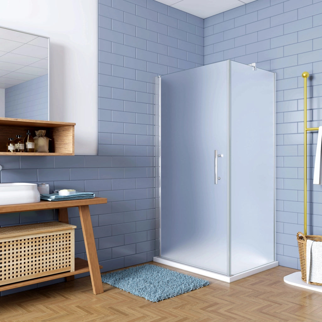 195cm Box Doccia Angolare Porta Battente con Parete Fissa 90x90cm in Vetro Temperato Satinato Opaco 6 mm Anticalcare con Barra Stabilizzatrice 140 cm (montaggio verso irreversibile)