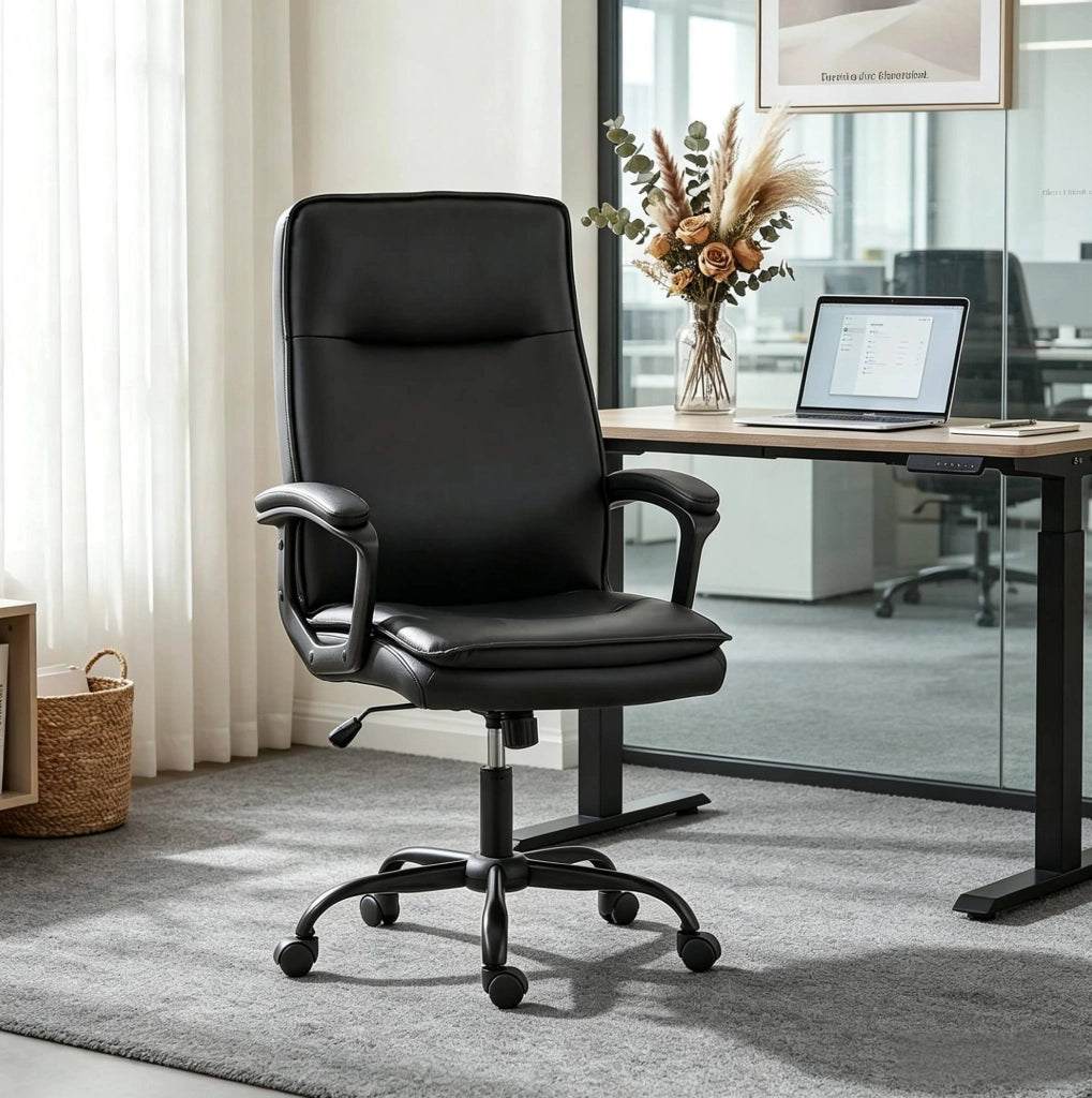 Sedia da ufficio ergonomica nera in PU con altezza regolabile e funzione inclinabile