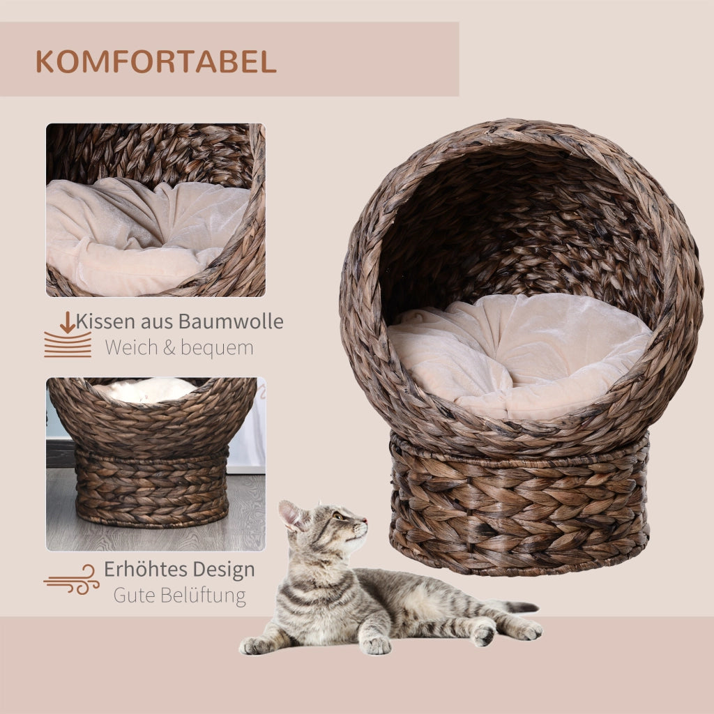 Cuccia per gatti in giacinto d'acqua con cuscino ¨C Xylo ¨C 50x42x60 cm, marrone e beige