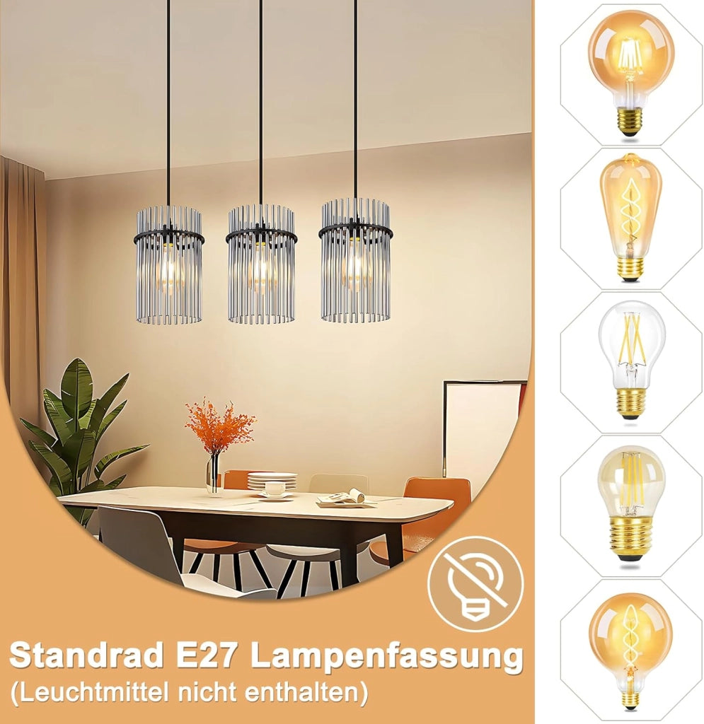 Lampada a sospensione ZMH vintage a 3 fiamme in vetro nero E27 (senza lampadina)