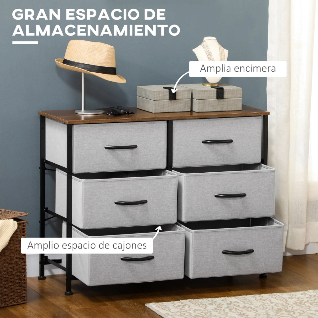 Cassettiera 6 Cassetti Tessuto ¨C Xylo ¨C Struttura Metallo Grigio Marrone 80x30x62,5cm