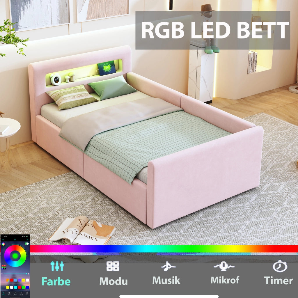 Letto 90x200 cm - Letto imbottito,Con luce notturna,Porta di ricarica USB,Con vani portaoggetti,Velluto,Funzione di accumulo idraulico,Rosa