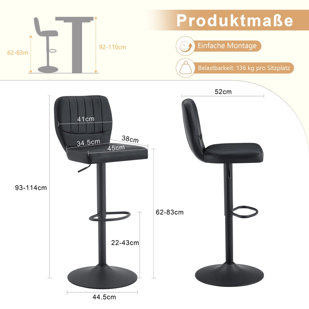 Sgabello da Bar Girevole Regolabile in Altezza con Schienale Ergonomico e Poggiapiedi, in PU e Metallo Nero