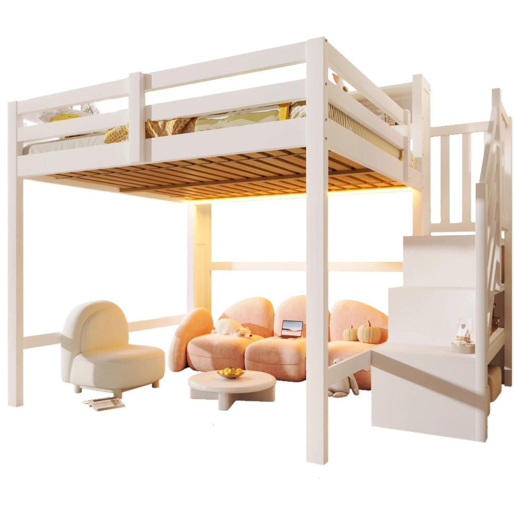 Letto a soppalco 140x200 cm bianco con LED, scala contenitore e spazio inferiore