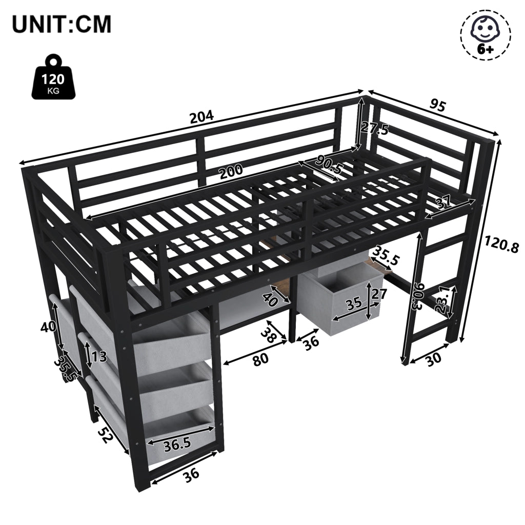 Letto a Soppalco 90x200 cm, con LED, Tasche, Appendiabiti e Cuscino - Metallo - Nero
