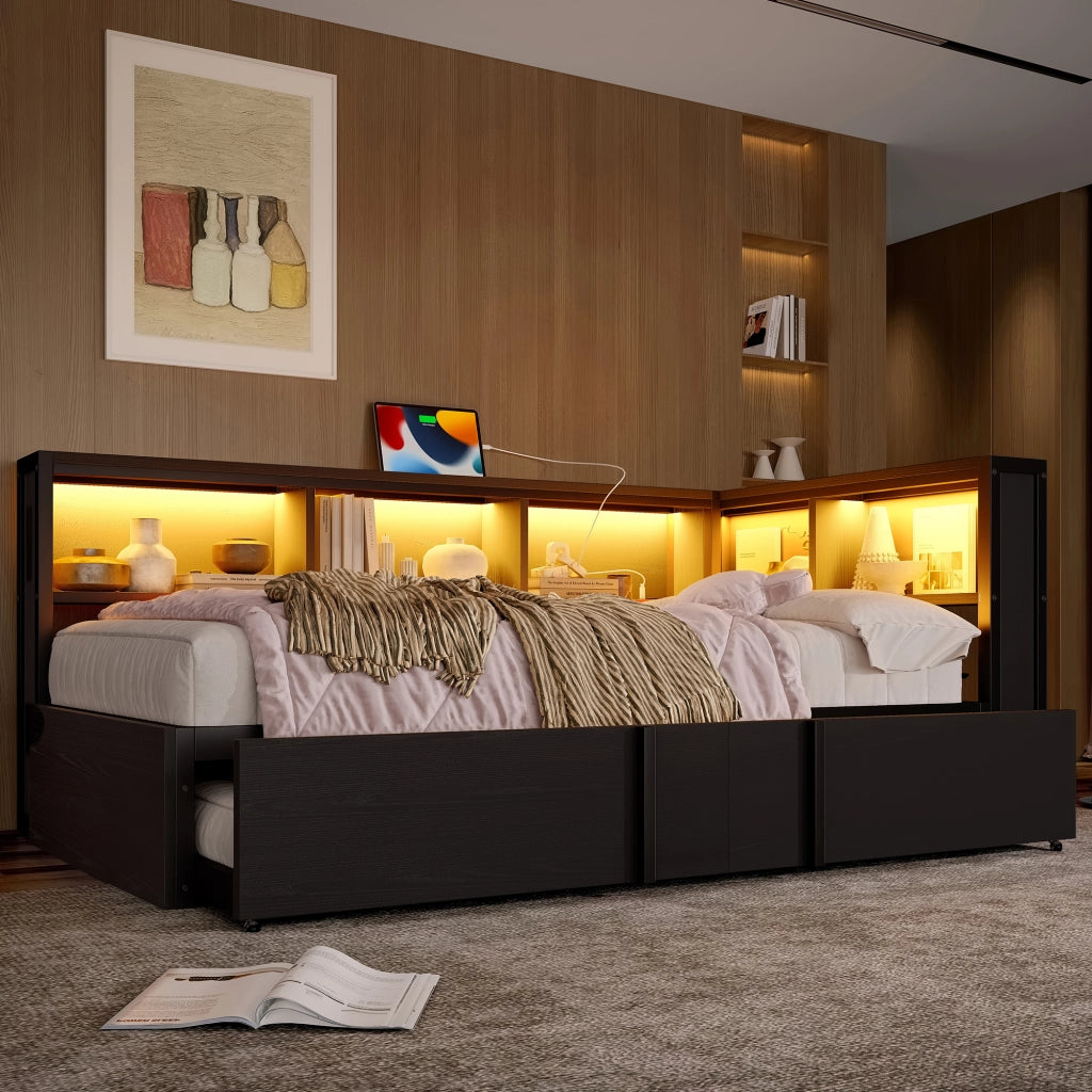 LETTO Con letto estraibile 90x200 cm Metallo e MDF Nero con vani contenitore