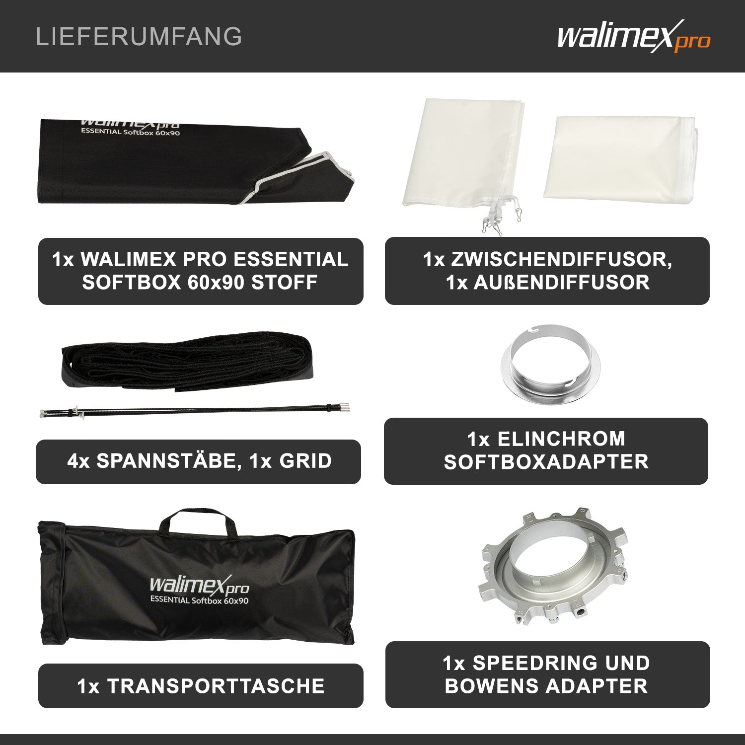 Essential Softbox 60x90cm + adattatore softbox per Elinchrom (diametro esterno: 15,2 cm), ruotabile a 360°, facile da montare, griglia inclusa, adattatore Bowens e borsa di trasporto