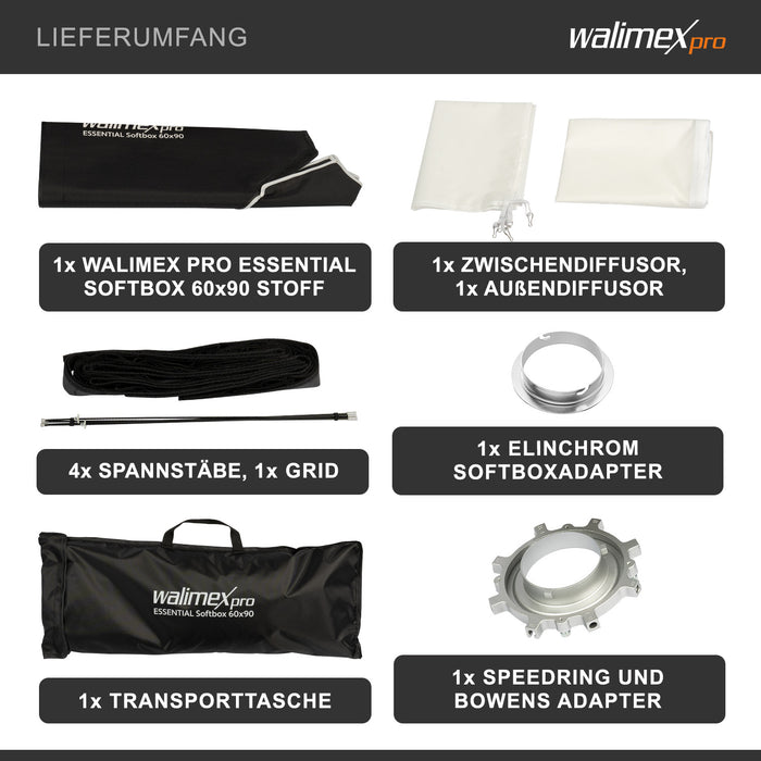 Essential Softbox 60x90cm + adattatore softbox per Elinchrom (diametro esterno: 15,2 cm), ruotabile a 360°, facile da montare, griglia inclusa, adattatore Bowens e borsa di trasporto