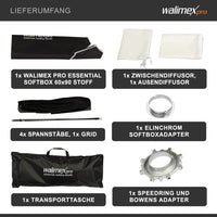 Essential Softbox 60x90cm + adattatore softbox per Elinchrom (diametro esterno: 15,2 cm), ruotabile a 360°, facile da montare, griglia inclusa, adattatore Bowens e borsa di trasporto