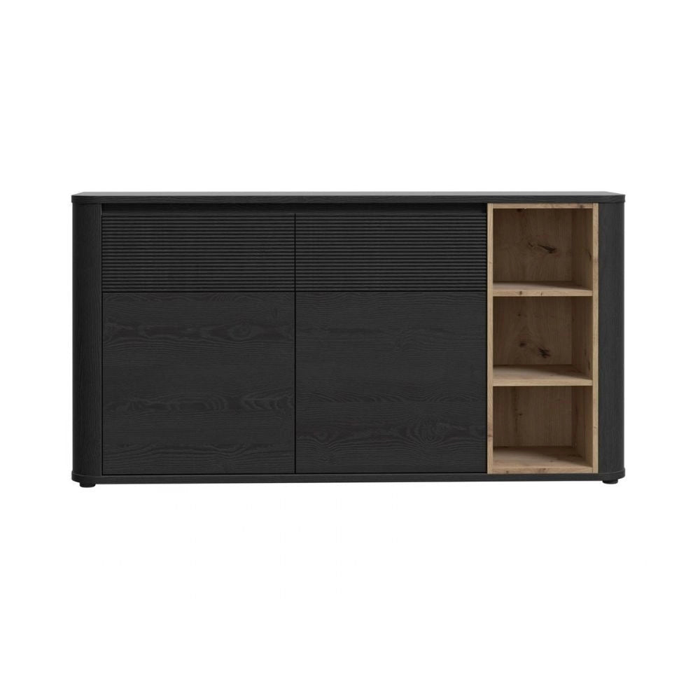 Madia Origin Core 2 ante 2 cassetti con vani a giorno 160 cm nero e dettaglio rovere