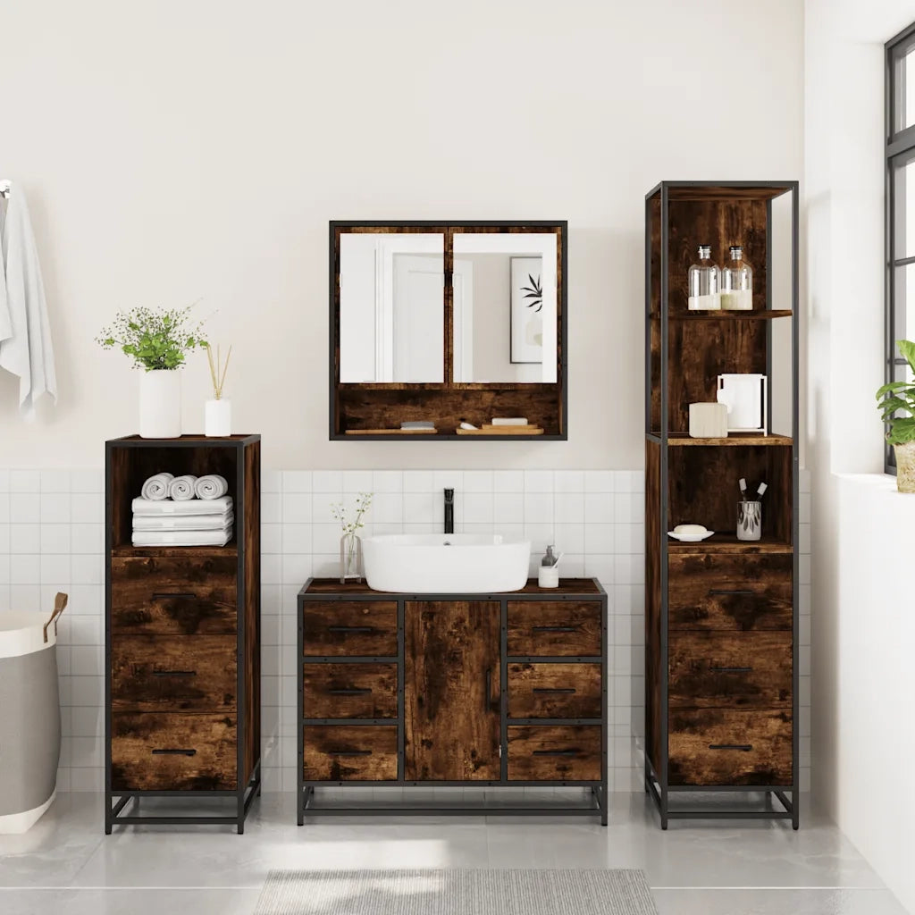 Set Mobili da Bagno 4 pz Rovere Fumo in Legno Multistrato