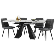 Set tavolo da pranzo e sedie con 1 tavolo allungabile e 4 sedie in MDF effetto marmo; metallo e velluto grigio e nero