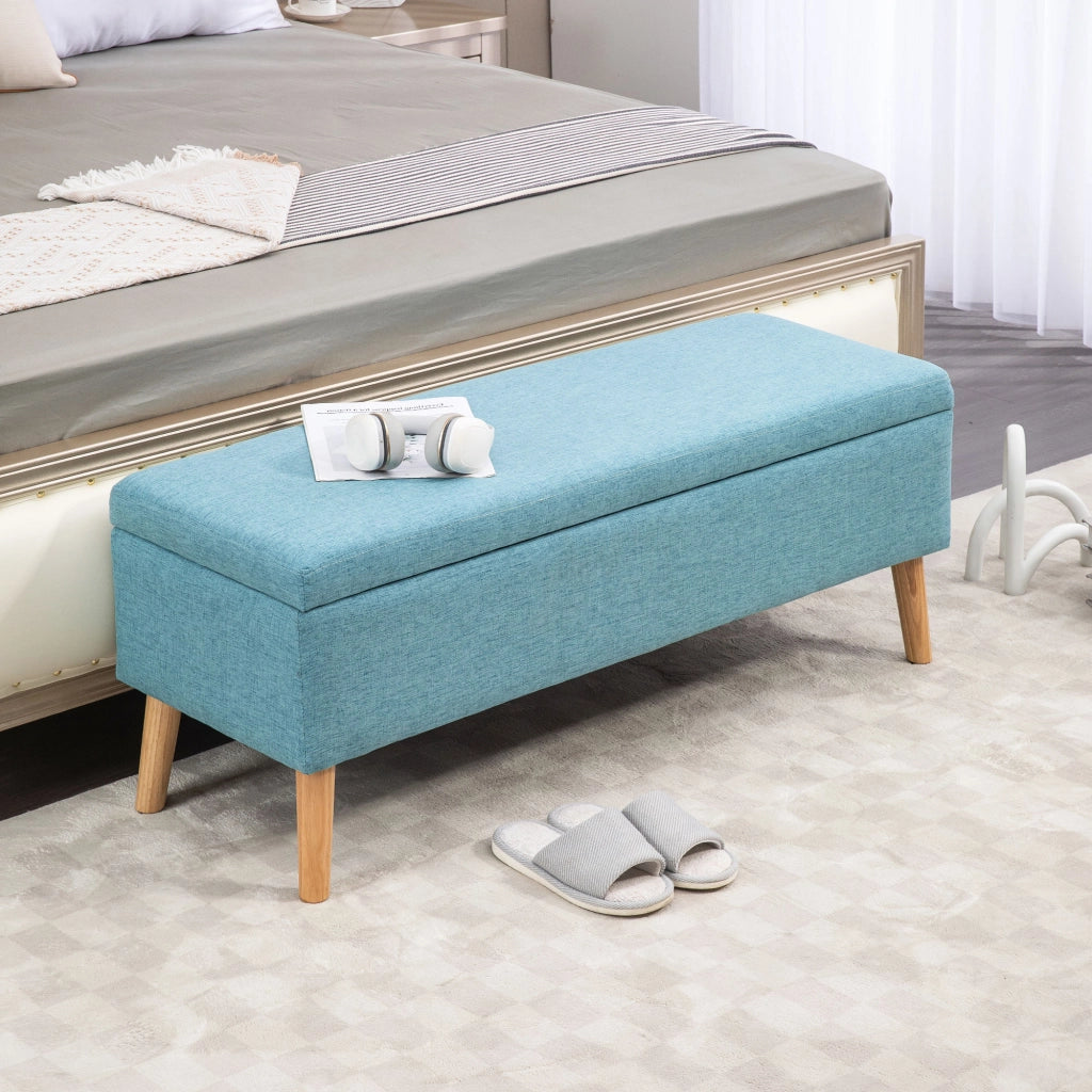 Panca contenitore scandinava con seduta imbottita e vano interno in poliestere blu per ingresso e camera 110 × 39 × 45 cm