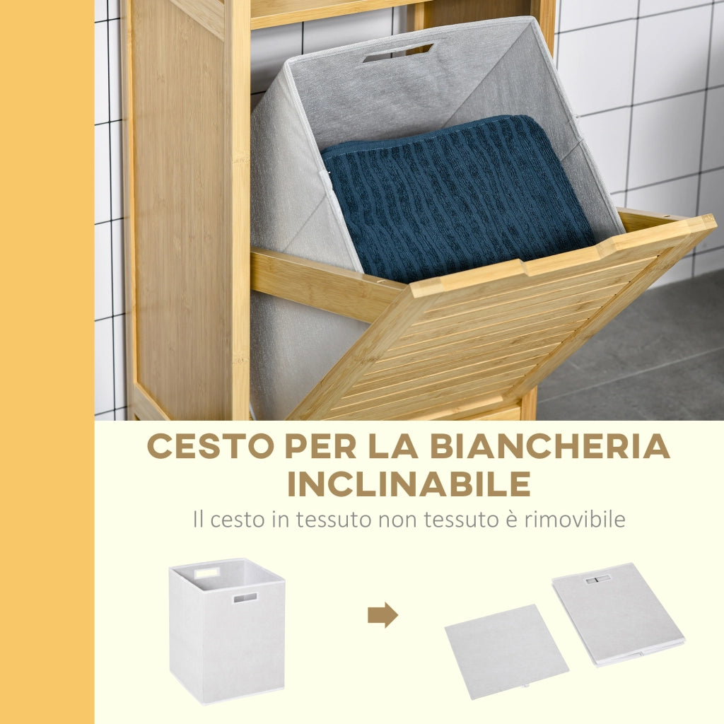 Mobiletto Bagno con Cesto Multiuso per Bucato e Giocattoli, in MDF e Bamb¨´, 40x30x86.5cm