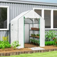 Serra da Esterno con 6 Ripiani Porta Avvolgibile Copertura in PE e Telaio in Acciaio 140x143x190 cm Bianco