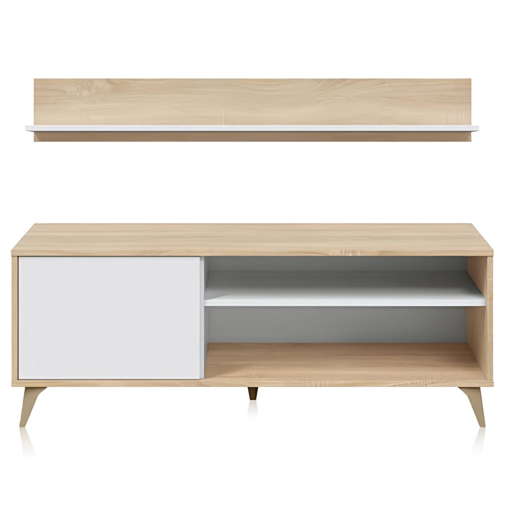 Kikua Plus Mobile TV con Mensola 135x40x50 cm, Rovere Bianco, Sistema PUSH