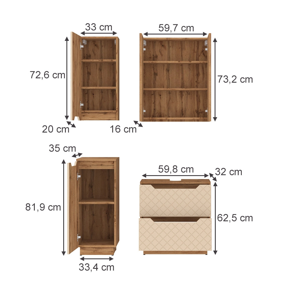 Vicco Set di mobili da bagno Rovere/cashmere con struttura in piastrelle 4 parti