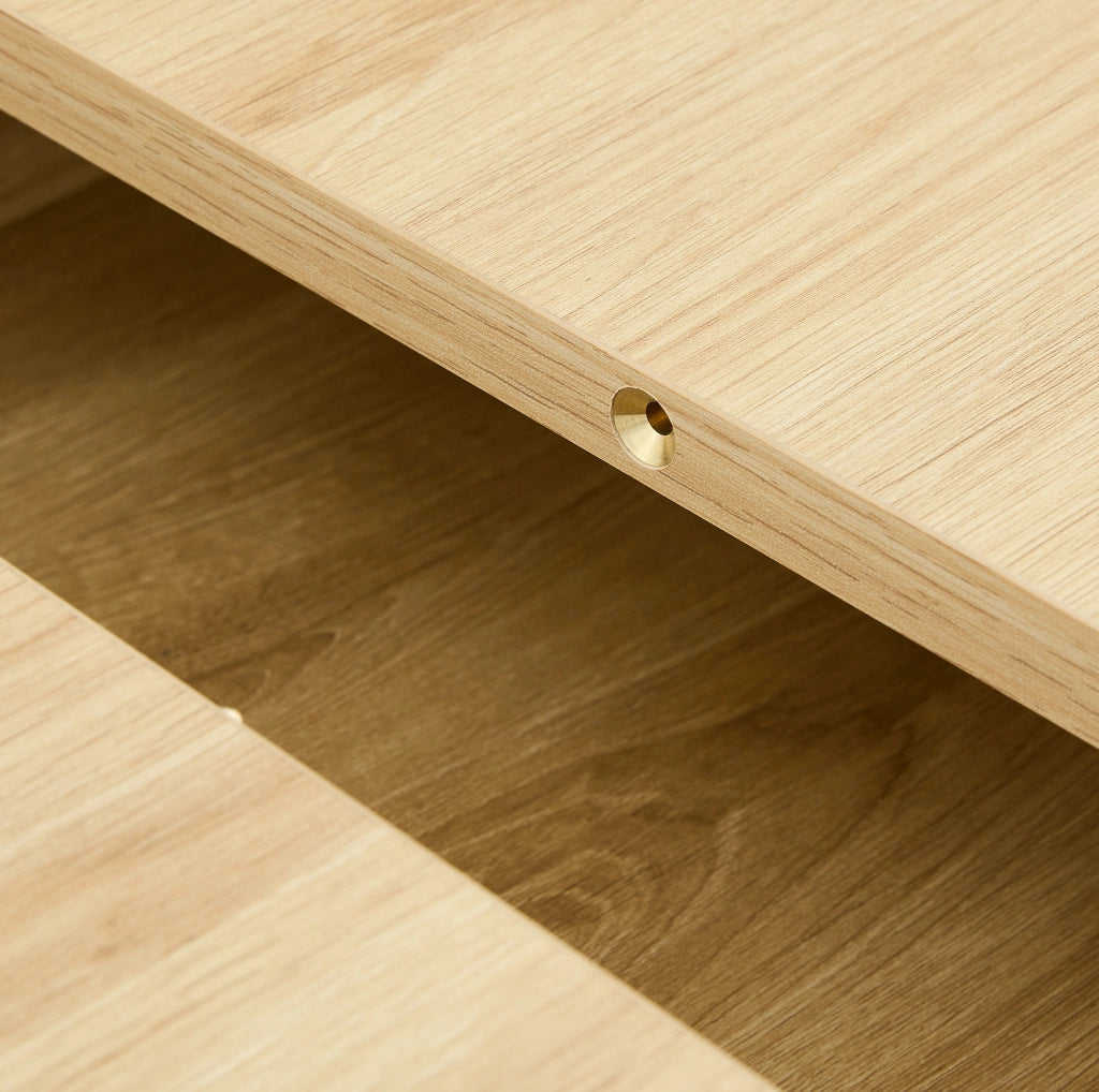 Tavolo allungabile 130x80x160x80 cm con 2 ripiani integrati; MDF naturale e noce
