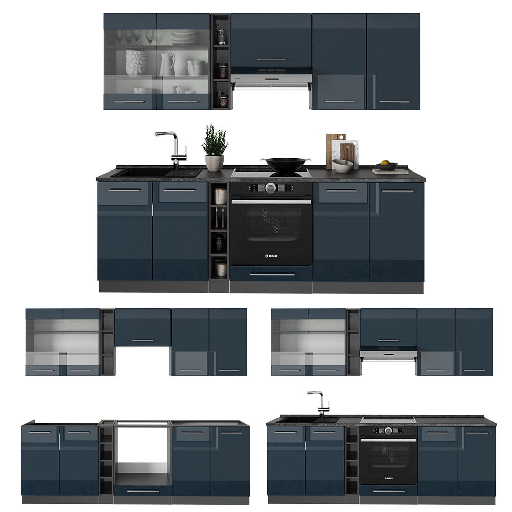 Cucina componibile Fame-Line Blu scuro lucido/Antracite 235 cm, PL Marmo Vicco