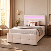 Letto singolo imbottito 90 ¡Á 200 cm con vano contenitore LED testiera regolabile e velluto beige
