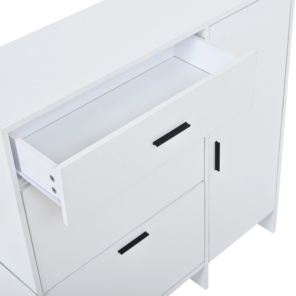 Garderobiera multifunzionale da ingresso con scarpiera, specchio e ganci, 140x30x200 cm, bianco
