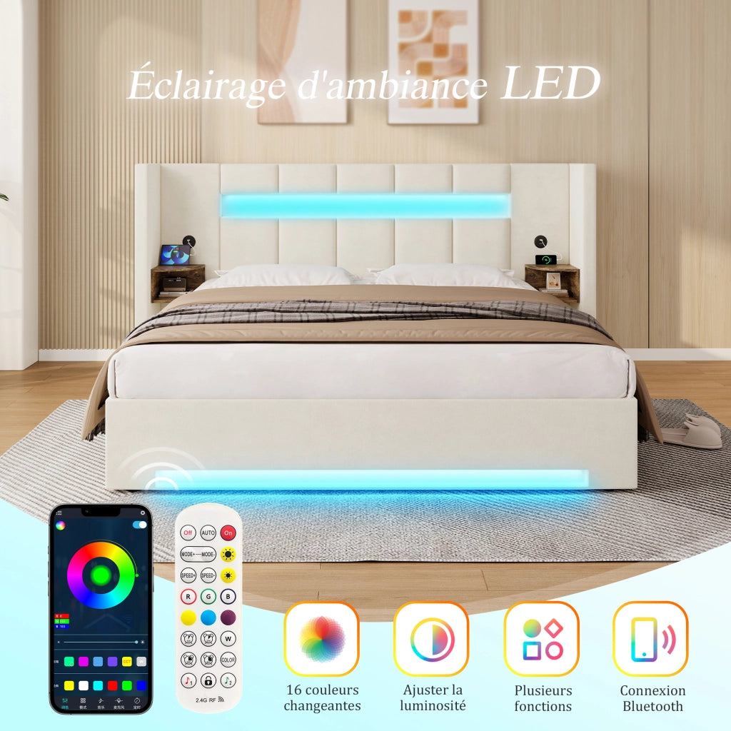 Letto Contenitore Matrimoniale 160x200 cm con USB; LED e Contenitori in Velluto Beige