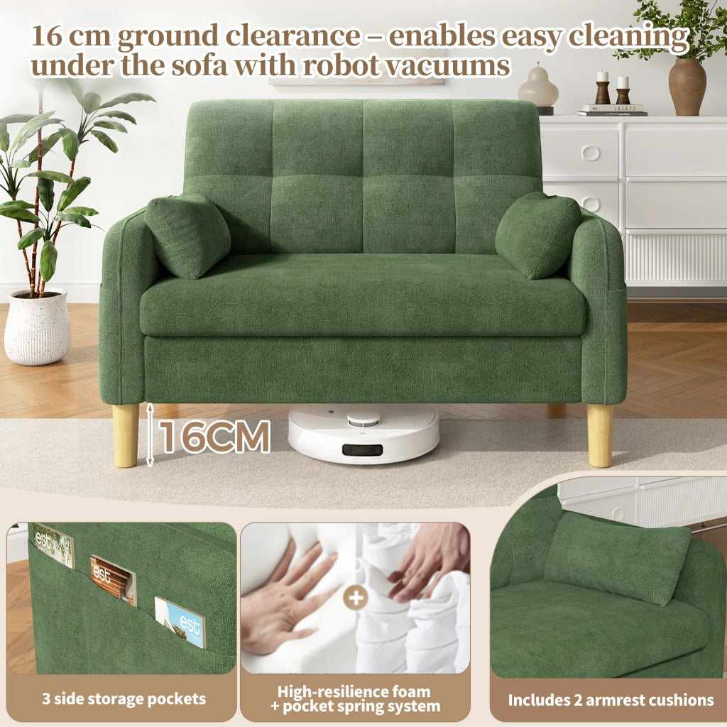 Divano a 2 posti in ciniglia con cuscini e tasca laterale, schienale alto e comfort per piccoli spazi, verde 119 × 78 × 85 cm