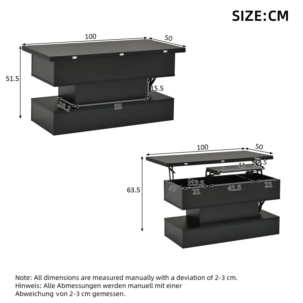 Tavolino rialzabile 100x50x51.5 cm con LED e vano portaoggetti in truciolato nero