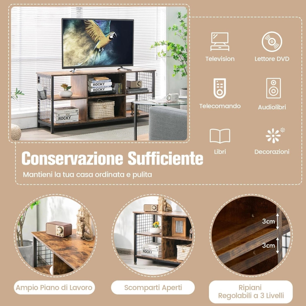 COSTWAY Mobile TV Industriale Fino a 65", Tavolo Multimediale a 3 Ripiani con Cesto Portaoggetti, Mobile TV in Legno con 2 Fori per La Gestione dei Cavi, 140 x 40 x 63 cm