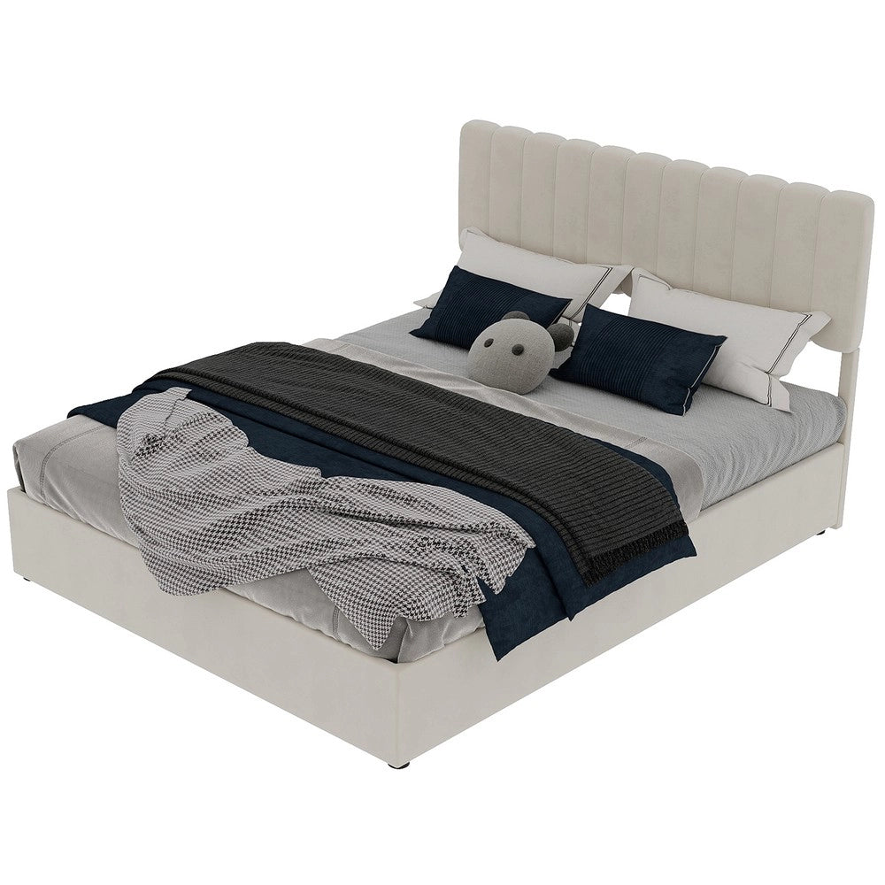 Letto Contenitore Imbottito ¨C MINIMAL ¨C Velluto Beige 160x200 con Rete e Testiera