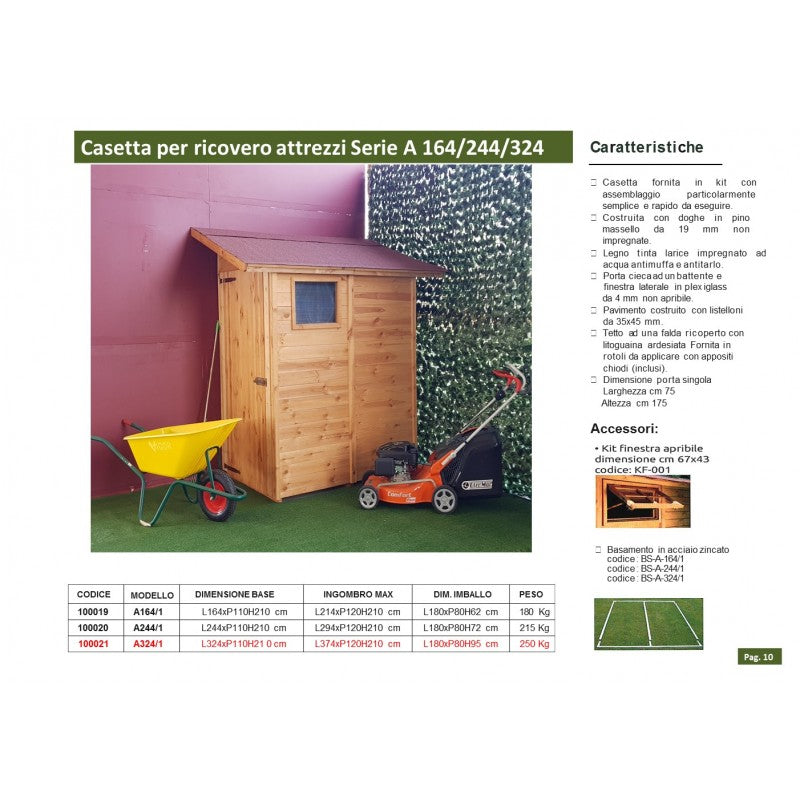 Casetta da Giardino in Legno di Pino da Esterno  con Pavimento, Ricovero Attrezzi, ADDOSSATA Doghe spessore 19mm - Articolo A324/1  - 100021